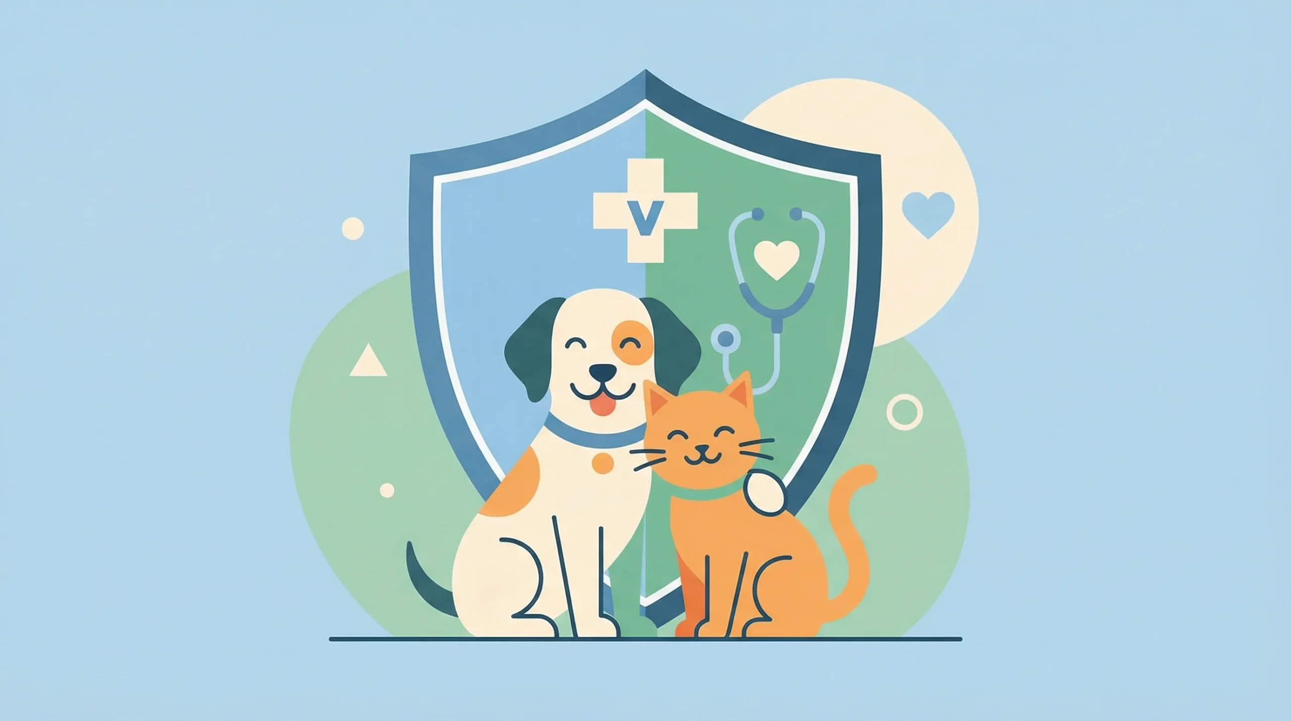 Ilustração minimalista de um cão e um gato felizes, protegidos por um escudo com uma cruz veterinária, representando o plano de saúde pet.