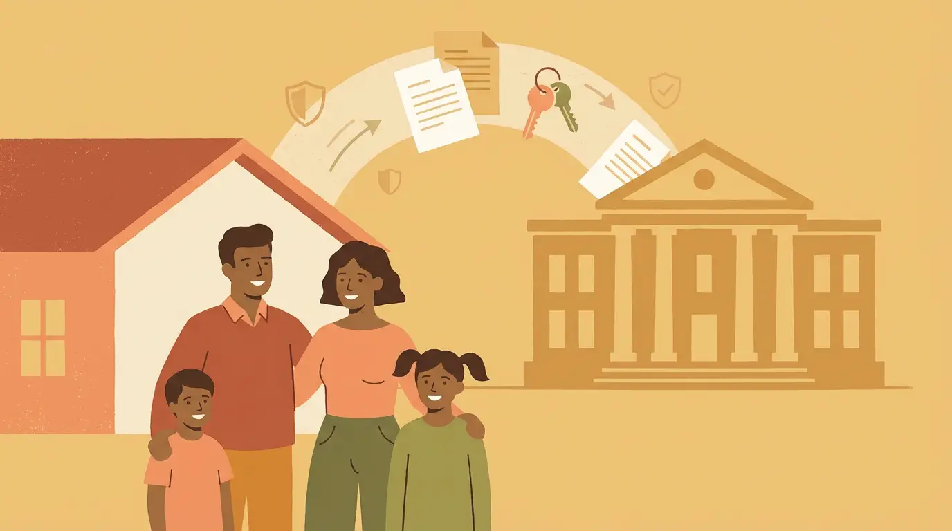 Família em frente a casa financiada com banco ao fundo representando seguro habitacional