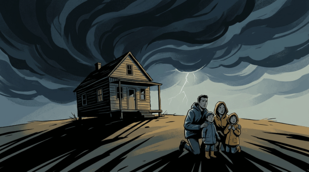 Família preocupada em frente a casa vulnerável sob tempestade sem proteção de seguro
