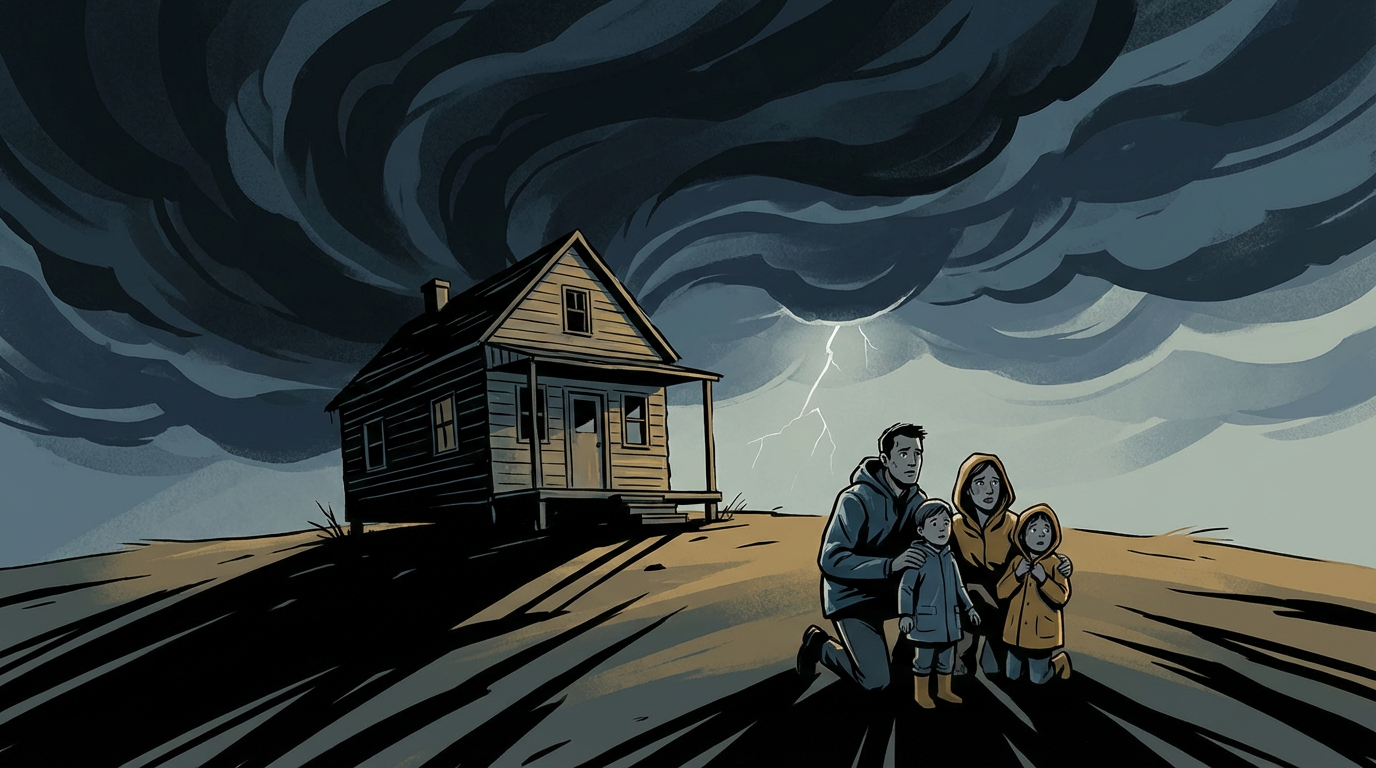 Família preocupada em frente a casa vulnerável sob tempestade sem proteção de seguro