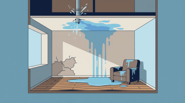 Danos causados por vazamento de tubulação em residência com água no teto e piso