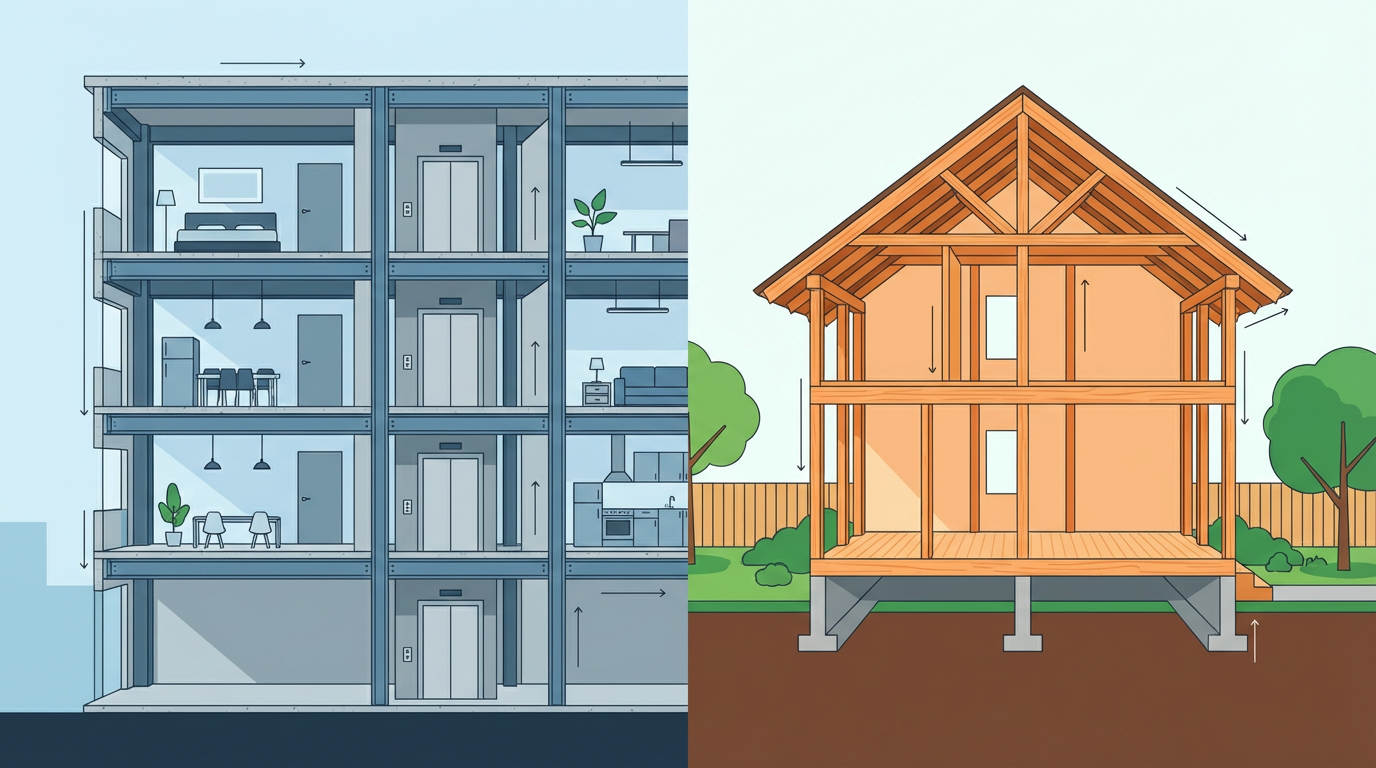 Comparação visual entre apartamento e casa mostrando diferenças estruturais