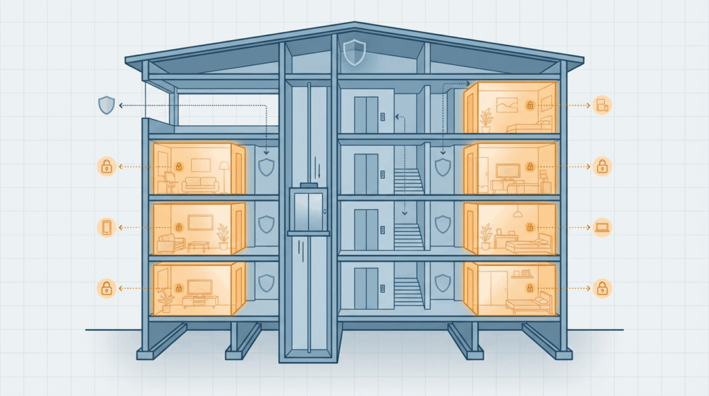 Diagrama mostrando áreas comuns protegidas pelo seguro condomínio versus unidades individuais