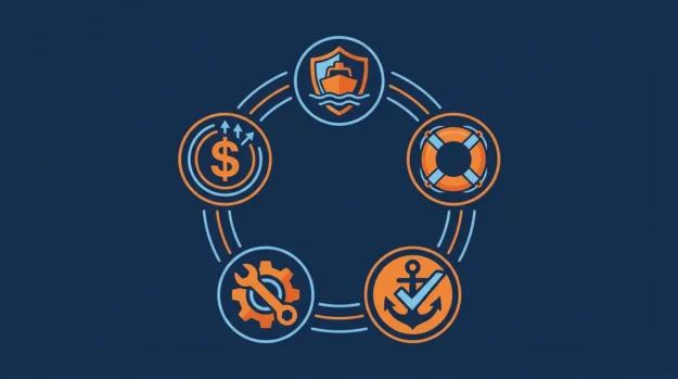 Ícones das principais coberturas do seguro náutico compreensivo, como proteção de casco, salvamento e responsabilidade civil.