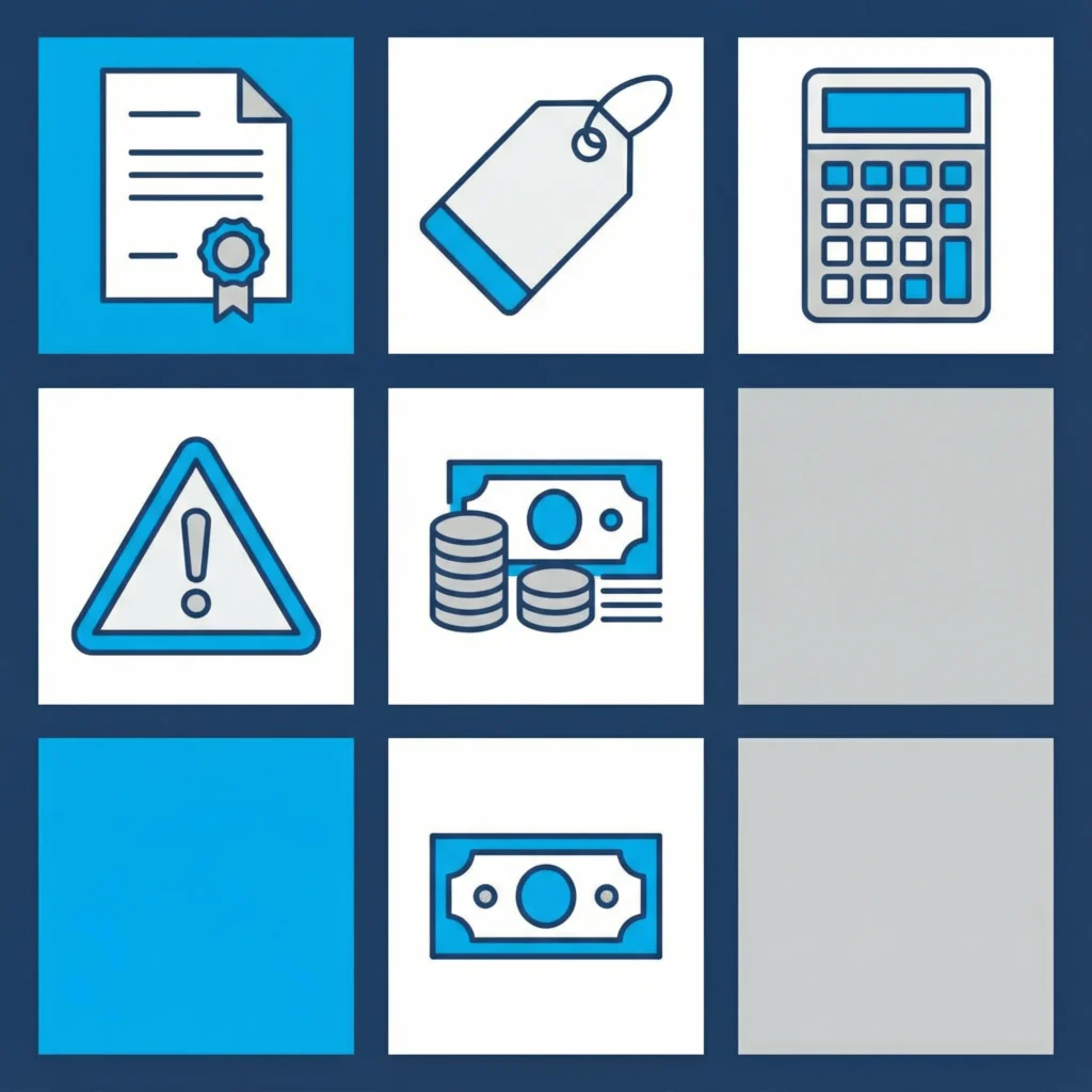 Infográfico com ícones representando os 5 termos principais de como funciona o seguro de carro.