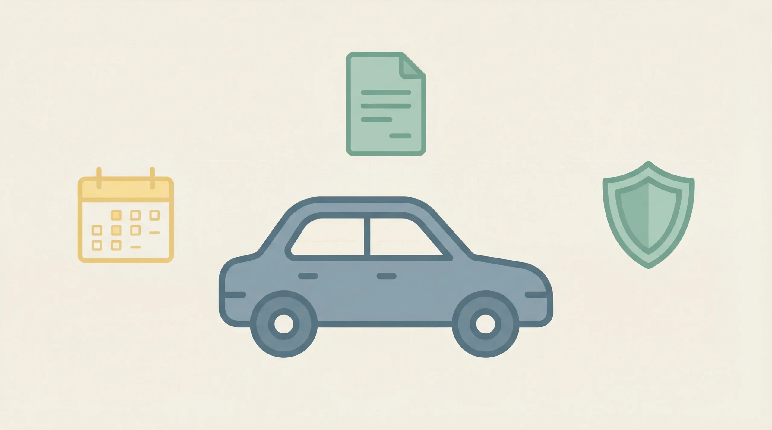 Ilustração minimalista de carro com documentos, calendário e escudo representando IPVA e documentação veicular 2026