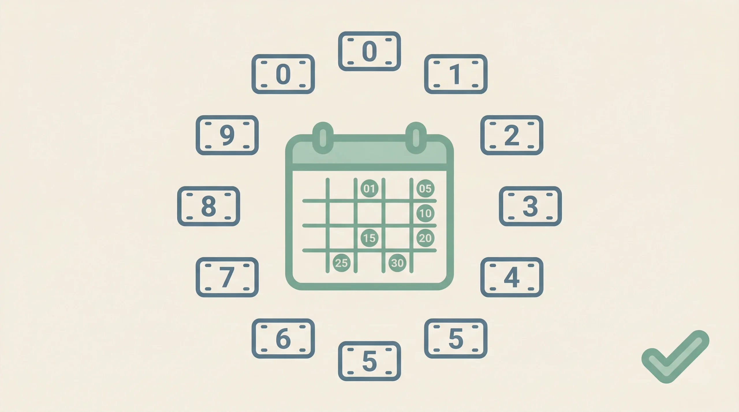 Ilustração minimalista de calendário central cercado por placas de veículo numeradas de 0 a 9 representando o calendário de pagamento do IPVA 2026 SP