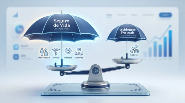 Balança equilibrando um guarda-chuva amplo (Seguro de Vida) e um guarda-chuva menor (Acidentes Pessoais)