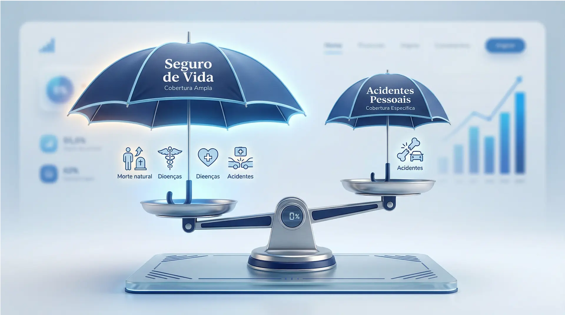 Balança equilibrando um guarda-chuva amplo (Seguro de Vida) e um guarda-chuva menor (Acidentes Pessoais)