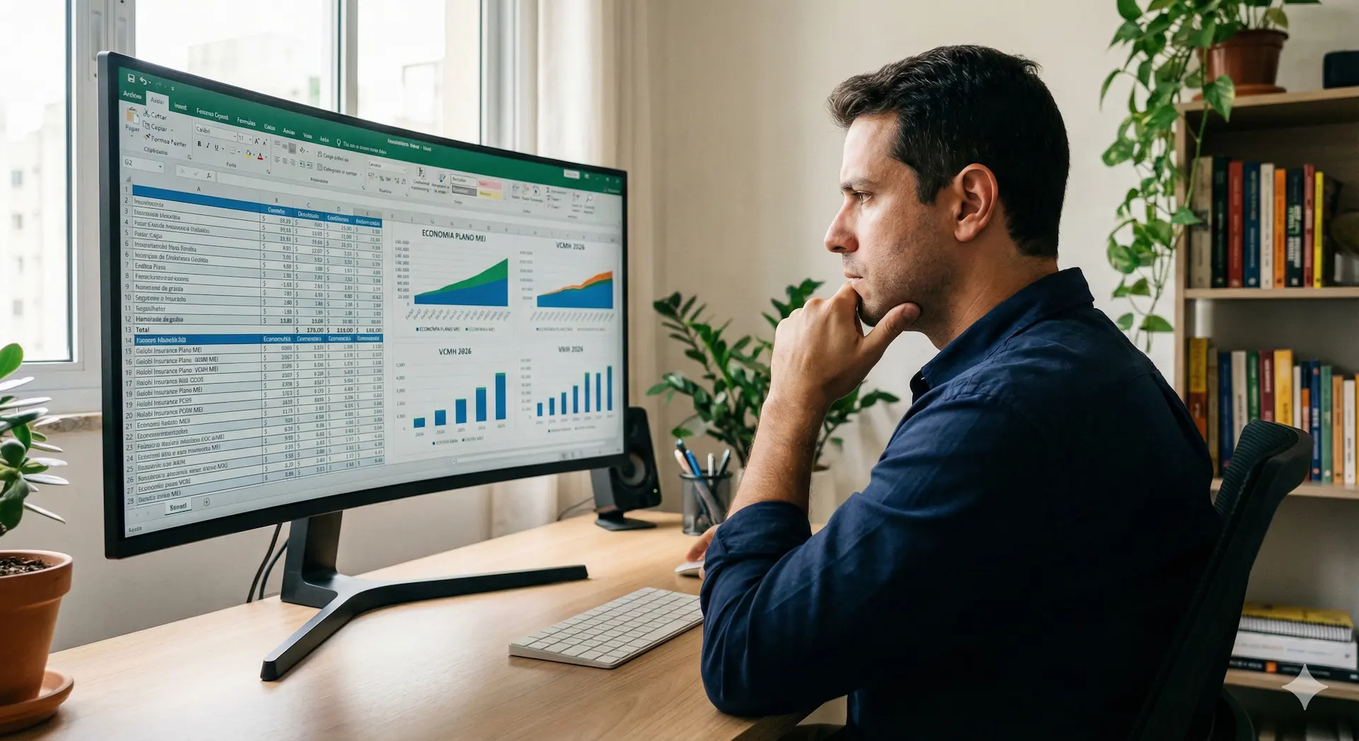 Administrador analisando comparativo de custos de planos de saúde para microempresa em um home office organizado.