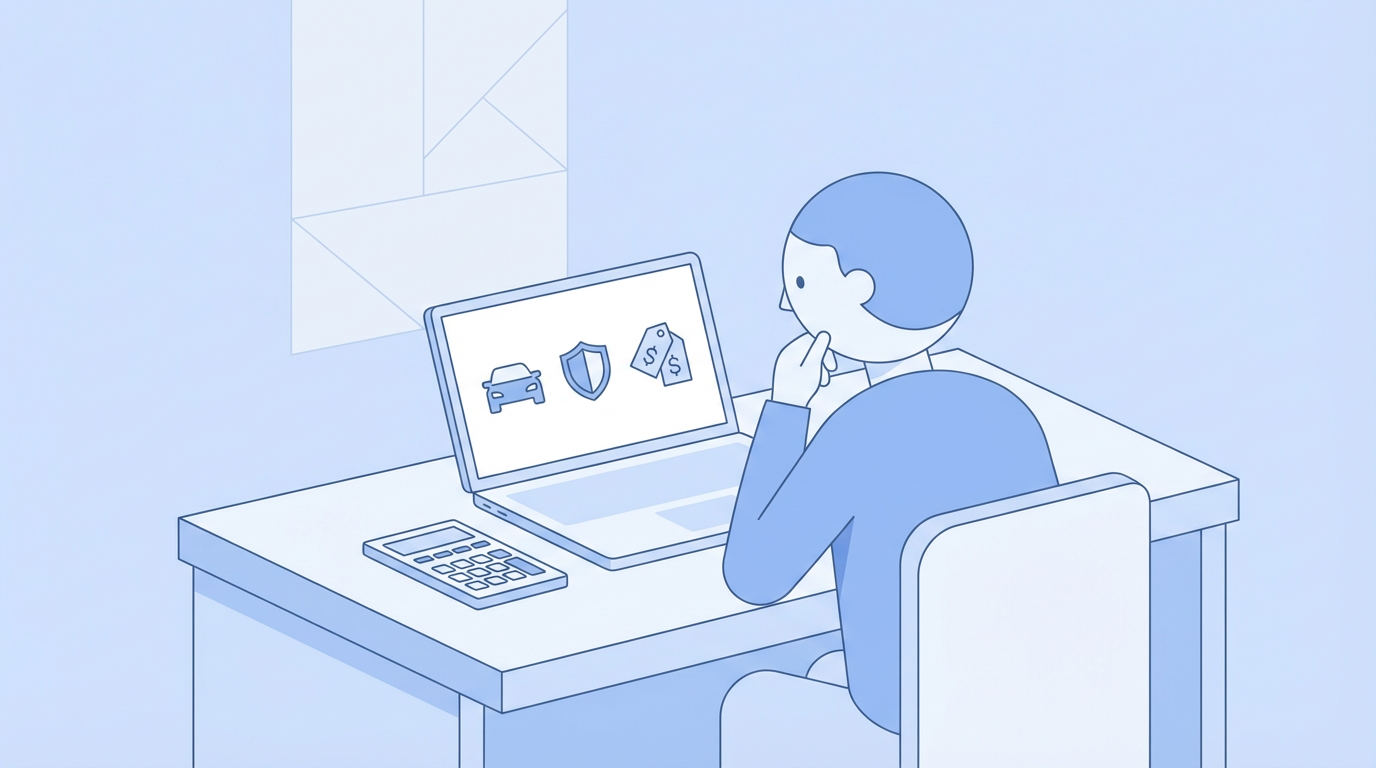 Ilustração minimalista de uma pessoa calculando quanto custa um seguro de carro em seu computador.
