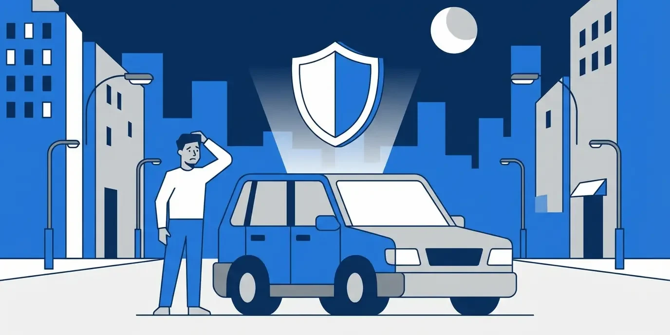 Ilustração de um carro protegido por um escudo, simbolizando a cobertura de roubo e furto do seguro.