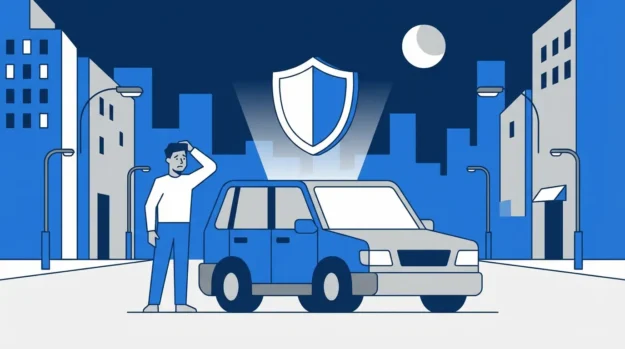 Ilustração de um carro protegido por um escudo, simbolizando a cobertura de roubo e furto do seguro.