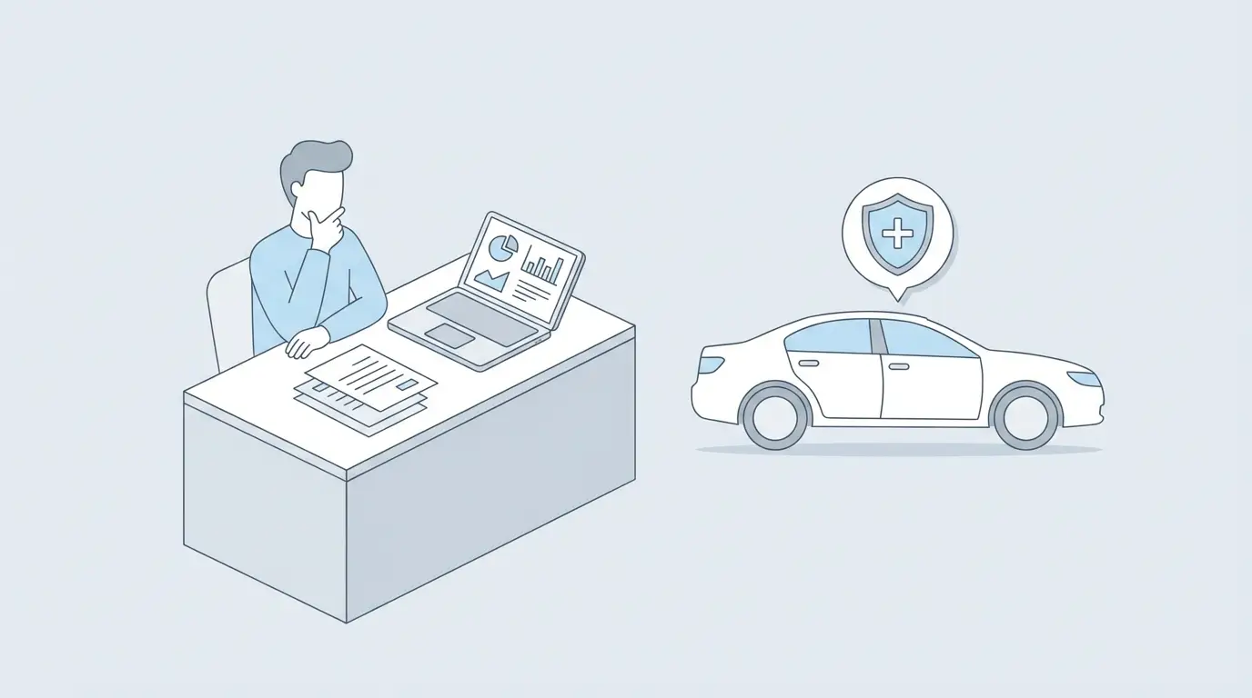 Ilustração minimalista de um homem analisando opções de seguro de carro em seu notebook.