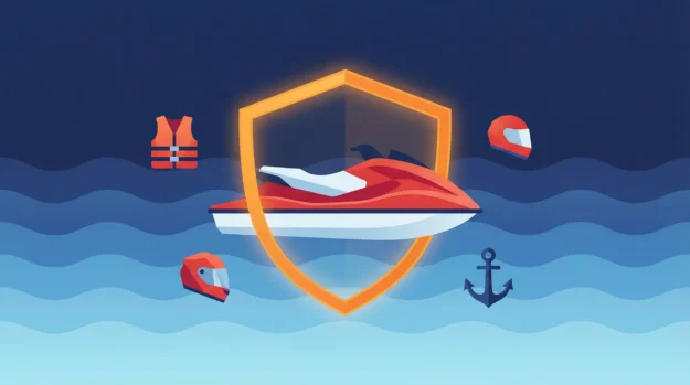 Guia completo sobre seguro para jet ski com ilustração de uma moto aquática protegida por um escudo.