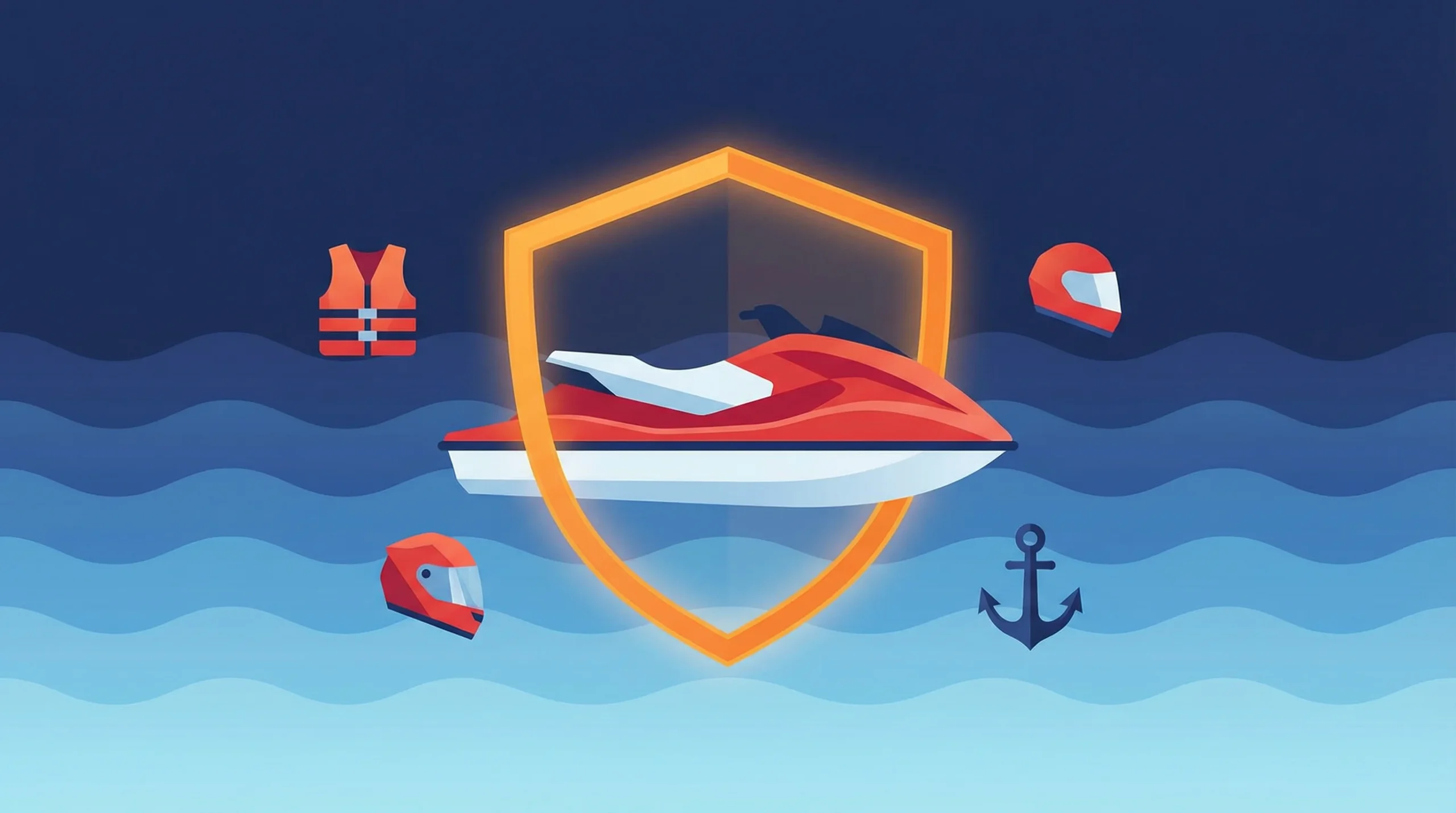 Guia completo sobre seguro para jet ski com ilustração de uma moto aquática protegida por um escudo.