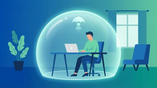 Ilustração de um profissional autônomo trabalhando protegido por um escudo, representando o seguro de vida para MEI.