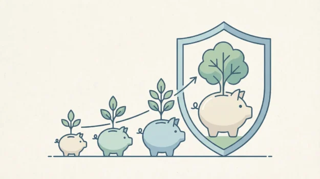 Ilustração do seguro de vida resgatável, combinando proteção e poupança.