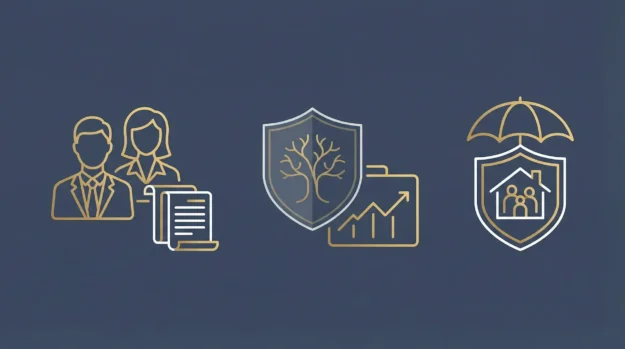 Ilustração minimalista do conceito de seguro de vida para alta renda, mostrando ícones de planejamento patrimonial e proteção familiar.