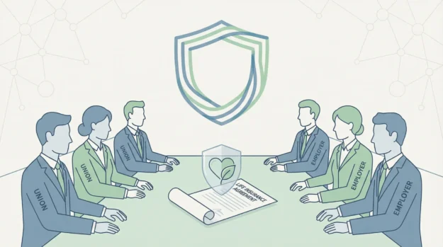 Mãos de um empresário e de um representante sindical apertadas sobre um documento de convenção coletiva.