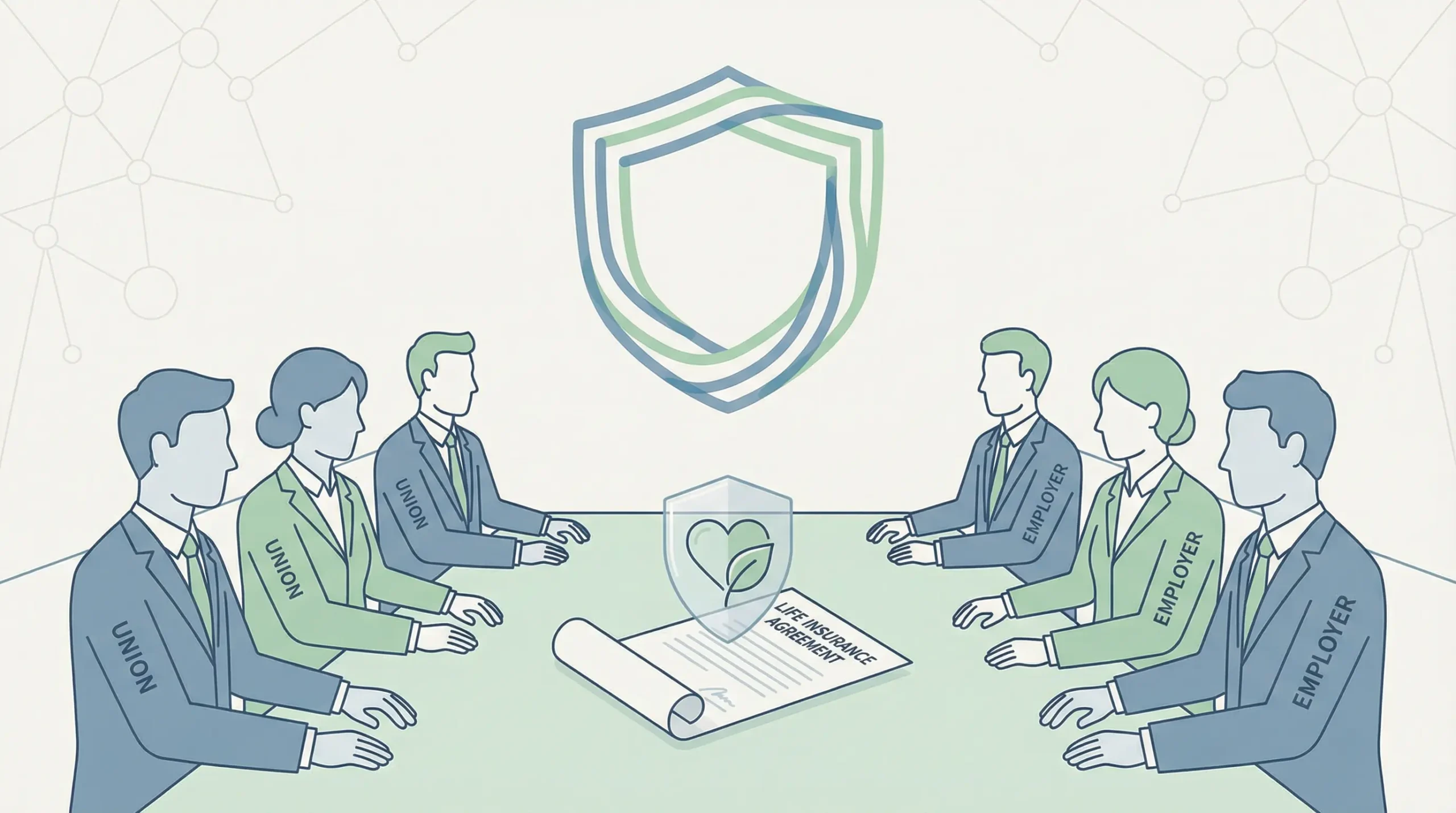 Mãos de um empresário e de um representante sindical apertadas sobre um documento de convenção coletiva.