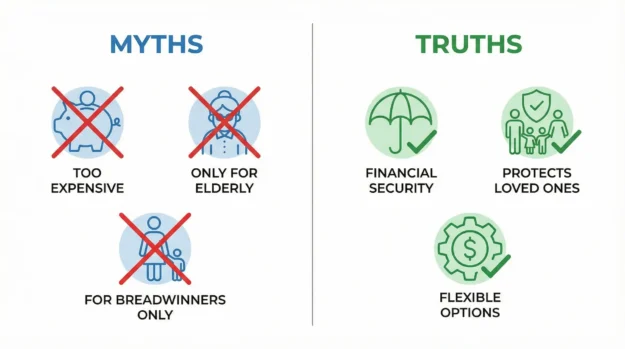 Homem pensativo com pontos de interrogação e exclamação ao redor, representando os mitos e verdades sobre seguro de vida.