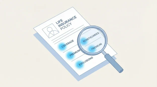 Pessoa analisando uma apólice de seguro de vida com uma lupa, destacando a importância de ler o documento.