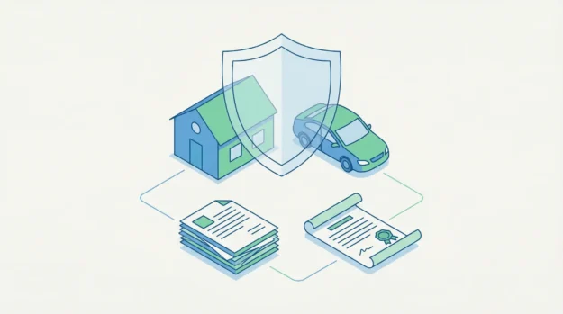 Ilustração de uma casa e um carro protegidos por um escudo, representando o seguro prestamista.