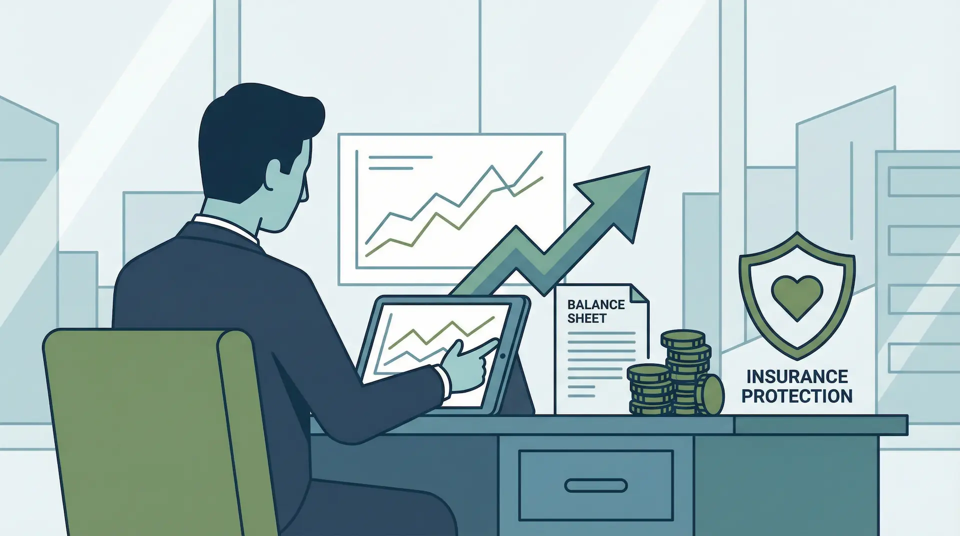 CFO analisando um dashboard com gráficos de ROI e crescimento, com o seguro de vida como um dos elementos estratégicos.