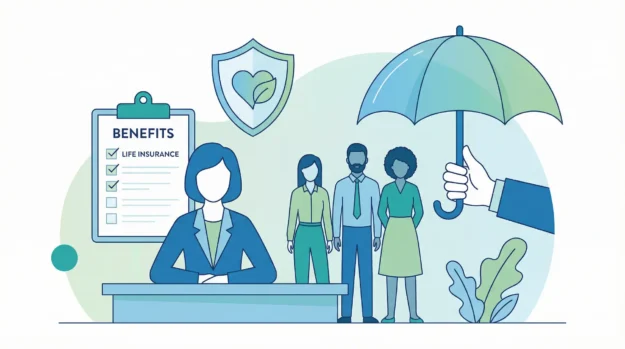 Profissional de RH apresentando um plano de benefícios, com o seguro de vida em destaque, para uma equipe engajada.
