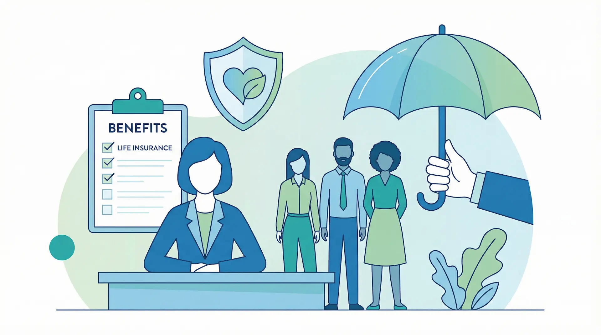 Profissional de RH apresentando um plano de benefícios, com o seguro de vida em destaque, para uma equipe engajada.