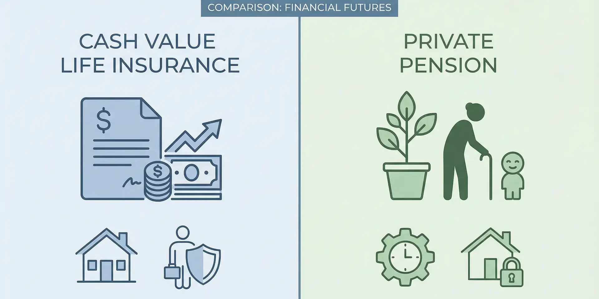 Balança equilibrando um cofre (previdência) e um escudo (seguro de vida), representando a escolha entre os dois.