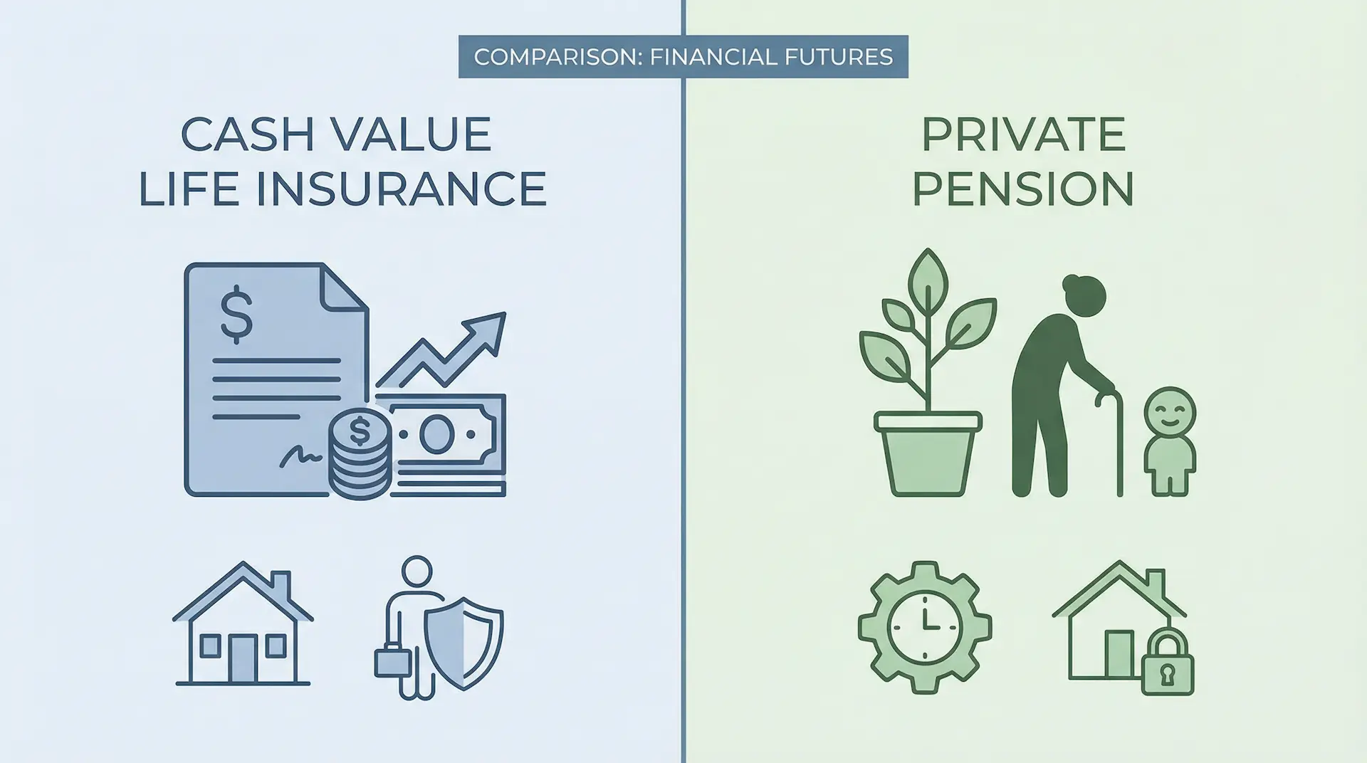 Balança equilibrando um cofre (previdência) e um escudo (seguro de vida), representando a escolha entre os dois.