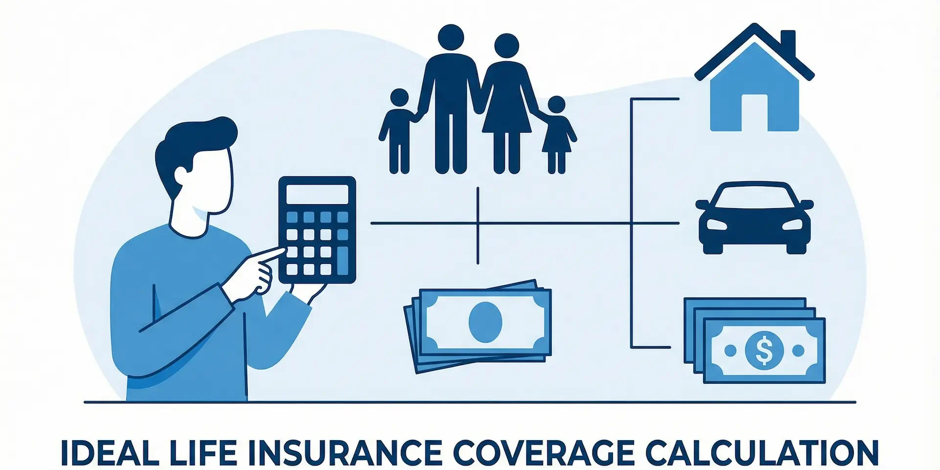 Pessoa usando uma calculadora com ícones de família, casa e educação ao fundo, calculando o capital segurado ideal.