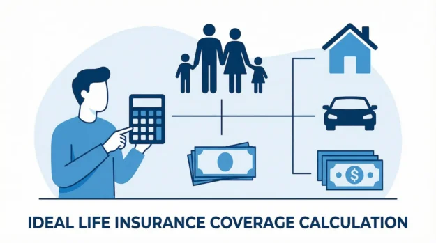 Pessoa usando uma calculadora com ícones de família, casa e educação ao fundo, calculando o capital segurado ideal.